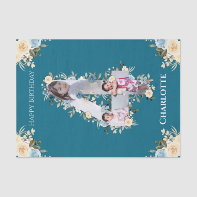 Papel De Seda 4º Aniversário Colagem de Fotos Teal Blue Flor Ama (Frente )