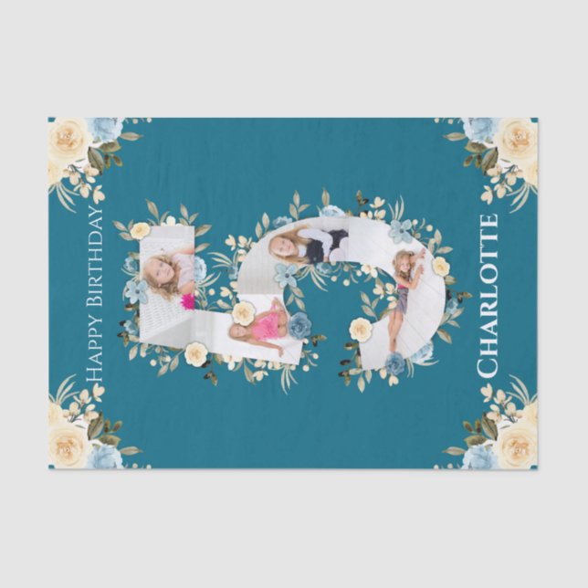 Papel De Seda 5 Aniversário Colagem de Fotos Teal Azul Flor Amar (Frente )