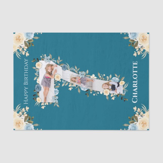 Papel De Seda 7 Aniversário Colagem de Fotos Teal Azul Flor Amar (Frente )