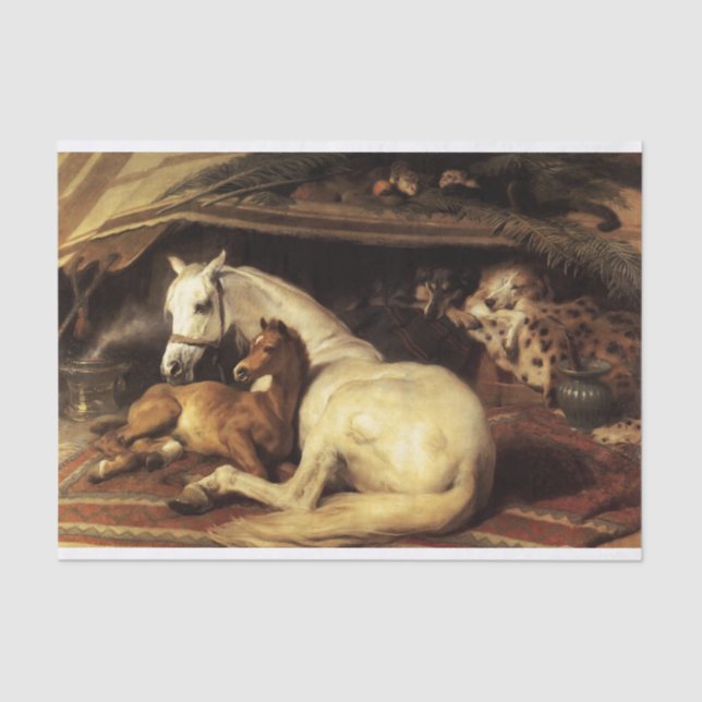 PAPEL DE SEDA A TENDA ÁRABE COM CAVALOS, OUTROS ANIMAIS (Frente )