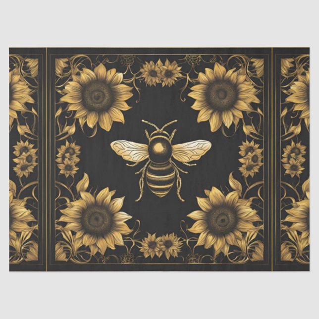 Papel De Seda Abeja Melífera Dourada e Preta e Girassóis (Frente )