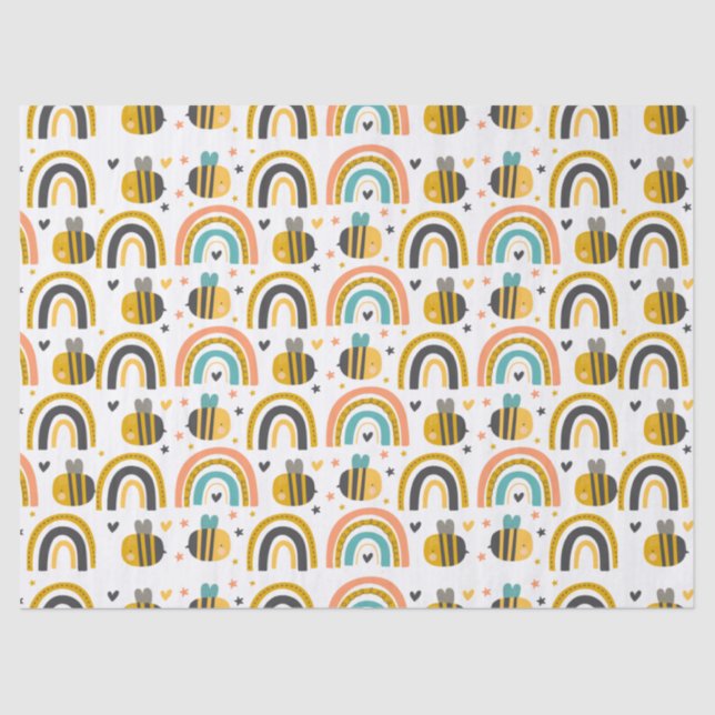 Papel De Seda Abelhas de Bumble Cute e Rainbows Padrão (Frente )