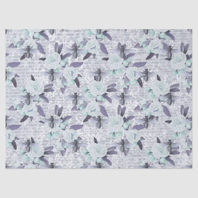 Papel De Seda Abelhas Roxas e Decomposição Floral Verde (Frente )