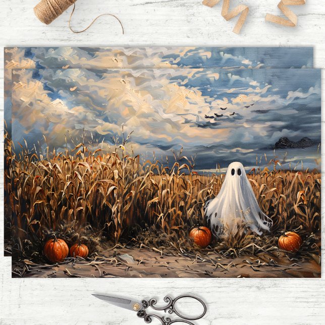 Papel De Seda Abóboras de Campo de Milho de Fantasma Caprichoso  (Decoupage tissue paper sheets featuring a ghost in a corn field, laying flat on a white wood surface)