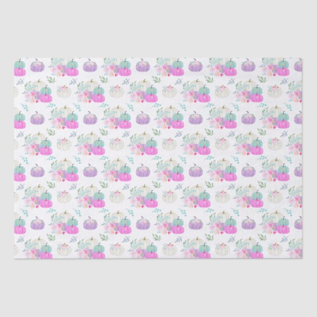 Papel De Seda Abóboras Florais Pastéis em Rosa, Roxo e Azul (Frente )