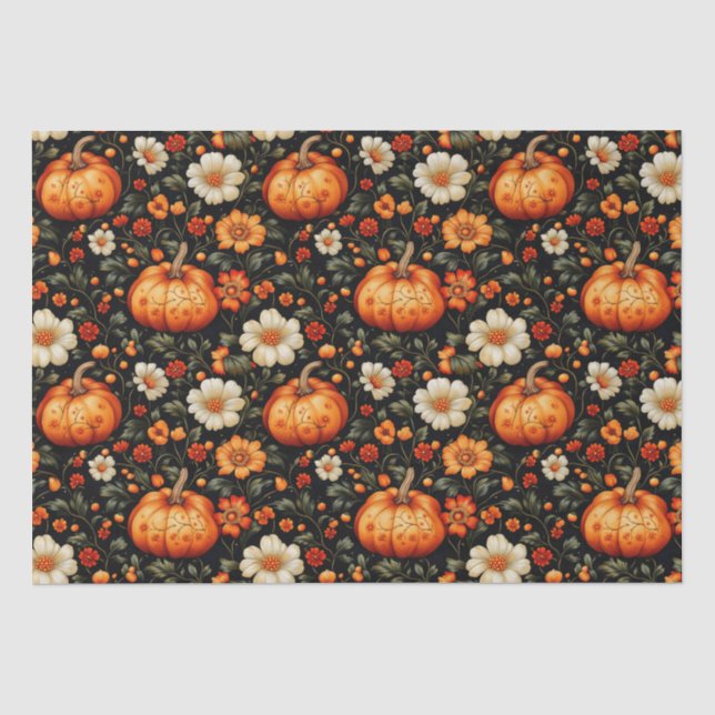 Papel De Seda Abóboras Laranja de Outono e Flores (Frente )