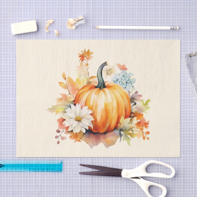 Papel De Seda Abóboras Laranjas e Flores Outono (Arte )