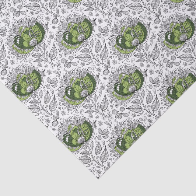 Papel De Seda Abstract Doodle Art Style Flowers Shades of Green (Detalhes)