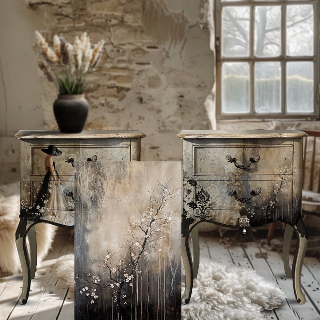 Papel De Seda Abstrato de Ramificação de Árvore de Brilhos Branc (Black Tie, Elegant, Rustic, Floral Blossoms Moody Aesthetics, Decoupage Tissue Paper.)