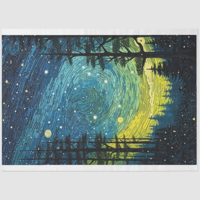 Papel De Seda Abstrato Starry Night Forest Decoupage Paper (Frente )