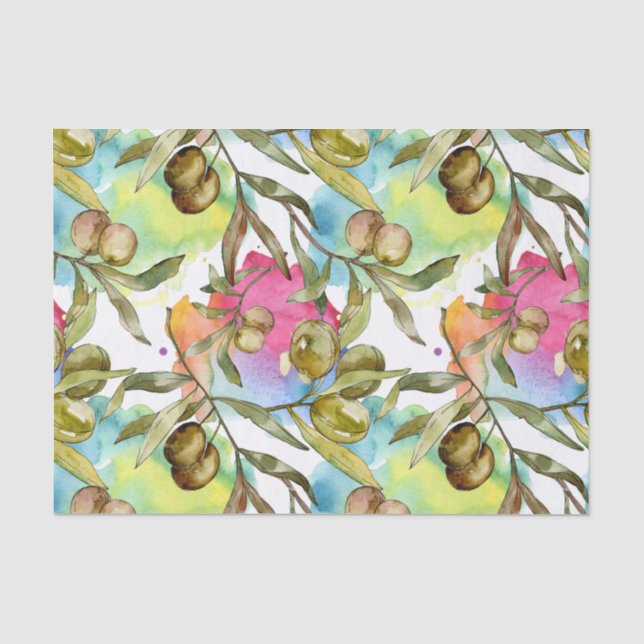 Papel De Seda Abstrato Watercolor Green Olive Branches (Frente )