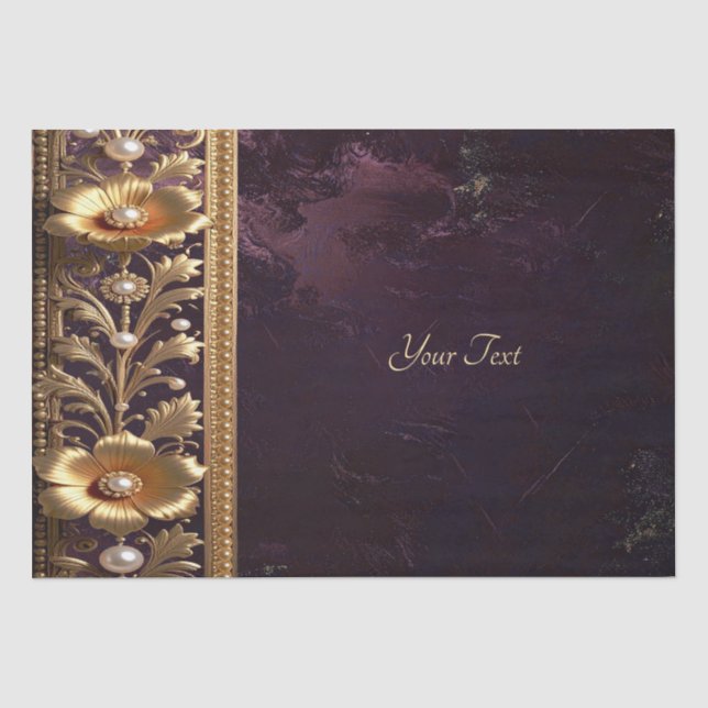 Papel De Seda Adorno Floral Dourado com Lenço de Tecido Pérolas (Frente )
