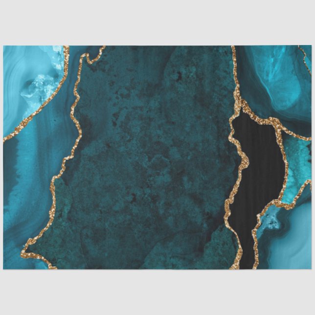 Papel De Seda Ágata Brilhante Falso Azul Turquesa e Dourado (Frente )