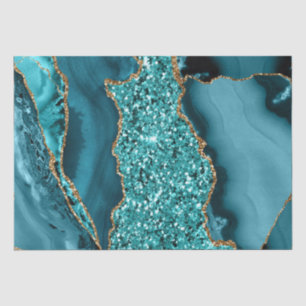 Papel De Seda Ágata do Oceano Brilhante em Azul Turquesa e Doura