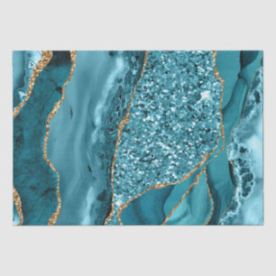 Papel De Seda Ágata do Oceano Brilhante em Turquesa e Dourado El