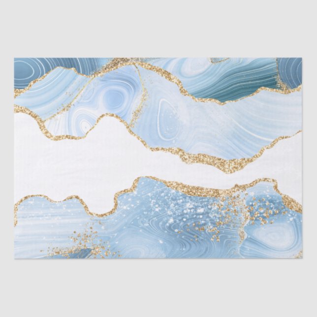 Papel De Seda Ágata Mármore Brilho Baby Blue e Dourado Falso (Frente )