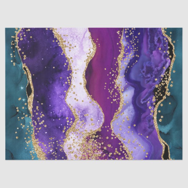 Papel De Seda Ágata Pavão com Brilho Rosa, Roxo e Azul Turquesa (Frente )
