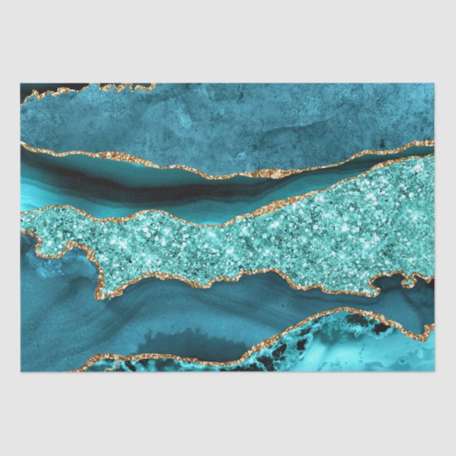 Papel De Seda Agate Teal Blue Glitter Marble Aqua Turquoise (Frente )