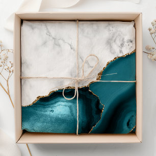 Papel De Seda Agato Azul Teal Marmoreado Branco