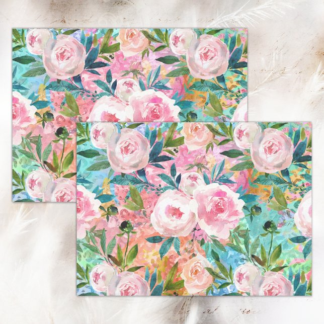 PAPEL DE SEDA ÁGUA COR BOHO ROSA DECOUPAR (WATERCOLOR BOHO ROSES DECOUPAGE TISSUE PAPER)