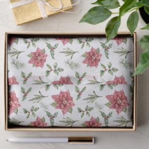 Papel De Seda Aguarela Vermelha Poinsettias Azevinho Abeto Natal