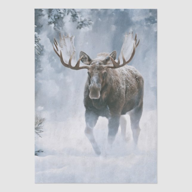 Papel De Seda Alce Macho Caminhando pela Neve Boreal (Frente )