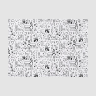 Papel De Seda Aldeia de Natal das Crianças Preto e Branco