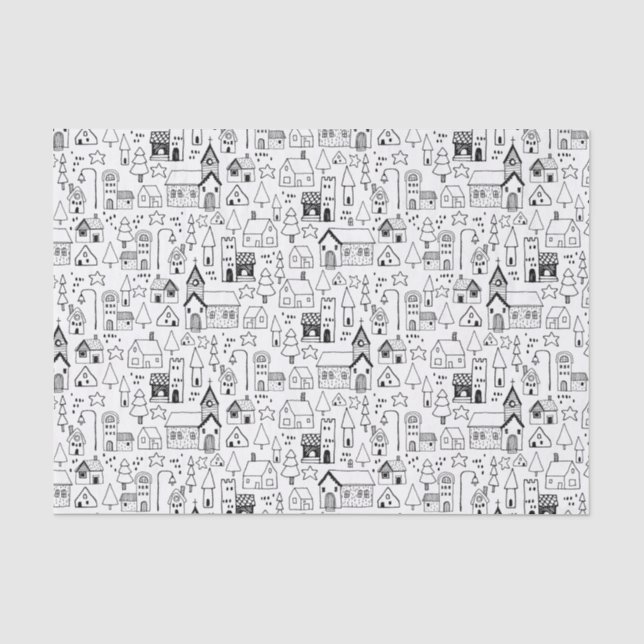 Papel De Seda Aldeia de Natal das Crianças Preto e Branco (Frente )