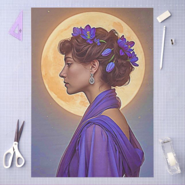 Papel De Seda Alegoria da Primavera - mulher com flores roxas (Arte )