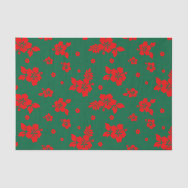 Papel De Seda Aloha Hawaii Red sobre Padrão Verde de Natal (Frente )