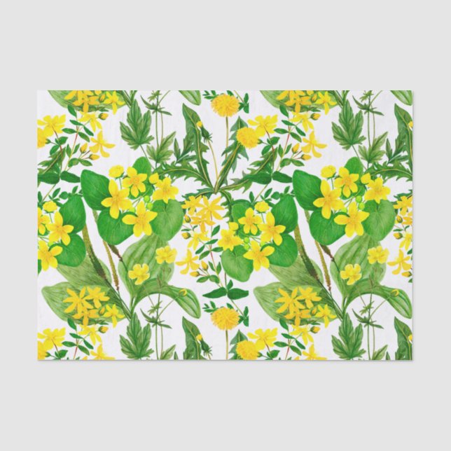 Papel De Seda Amarelo Amarelo Flores e Plantas Botânicas (Frente )