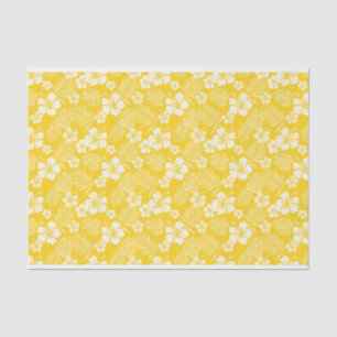 PAPEL DE SEDA AMARELO COM FLORES DE HIBISCUS BRANCOS TROPICAIS