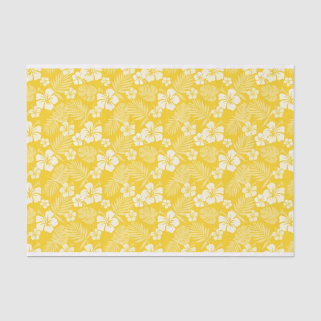PAPEL DE SEDA AMARELO COM FLORES DE HIBISCUS BRANCOS TROPICAIS (Frente )