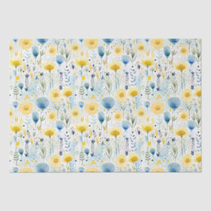 Papel De Seda Amarelo Floral e Azul, Cor de Água Brilhante