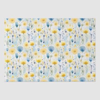 Papel De Seda Amarelo Floral e Azul, Cor de Água Brilhante