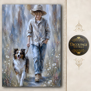 Papel De Seda Amizade de Menino e Cão de Pastoreio Decoupage