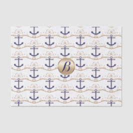 Papel De Seda Âncoras Brancas Douradas Monograma Náutico Festa M