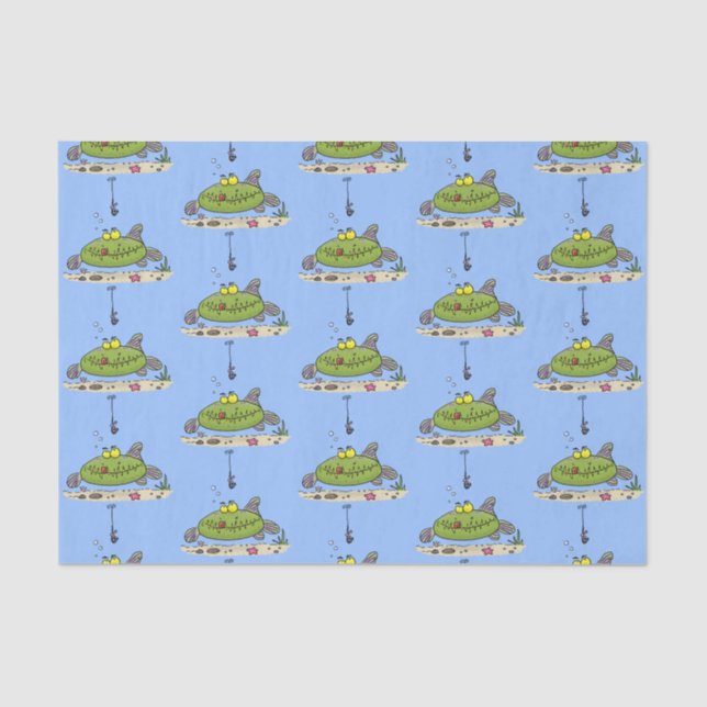 Papel De Seda Animação de peixe verde esfomeado e gordo (Frente )