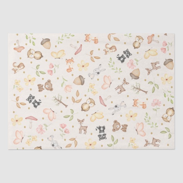 Papel De Seda Animais da Floresta em Aquarela Creme (Frente )