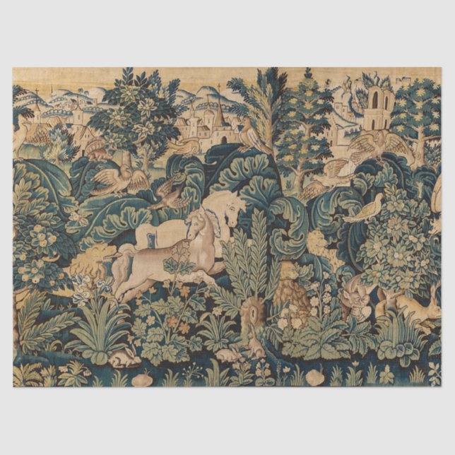 Papel De Seda ANIMAIS FANTASMAS, CAVALOS, WOODLAND Blue Green Fl (Frente )