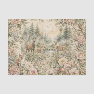Papel De Seda Animais Florais da Floresta Botânica Cottagecore