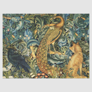 Papel De Seda ANIMAIS FLORESTAIS,RAVEN,FOX,PEACOCK Blue Green Fl