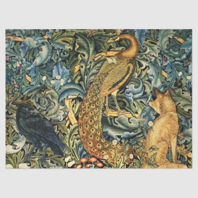 Papel De Seda ANIMAIS FLORESTAIS,RAVEN,FOX,PEACOCK Blue Green Fl (Frente )