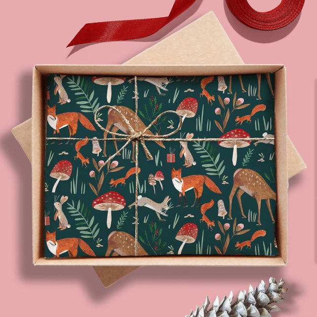 Papel De Seda Animais Fofos da Floresta de Natal Verde (Cute Woodland Animals Green Christmas Forest Tissue Paper)