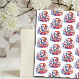 Papel De Seda Anime Girl in Santa Hat Watercolor Christmas