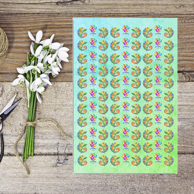 Papel De Seda Aniversário Coloridos Balões Azul Verde (Colourful fun lizards with leaf festive balloons on green blue Happy Birthday tissue paper.)