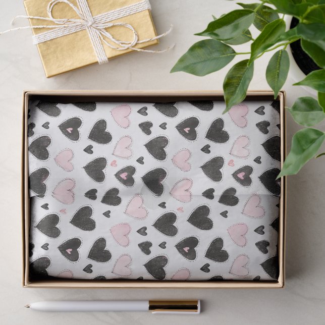 Papel De Seda Aniversário Corações Pretos Rosa (Presente)