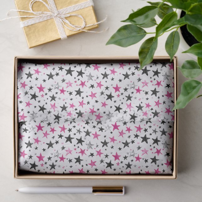 Papel De Seda Aniversário Estrelas Rosa Prata Preto (Presente)