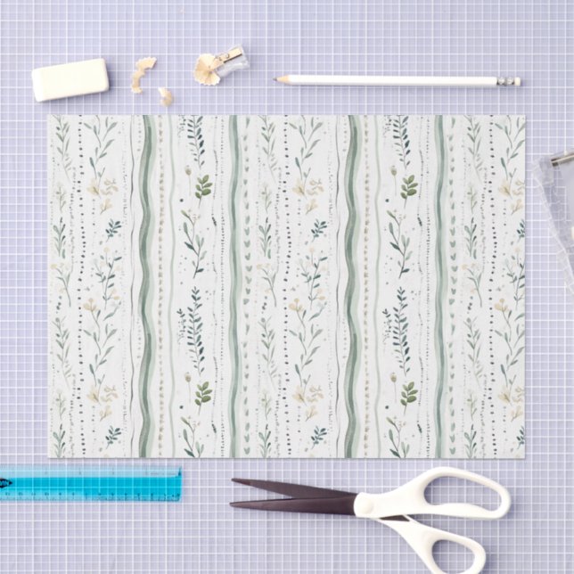 Papel De Seda Aniversário Floral Chic Verde Branco (Arte )