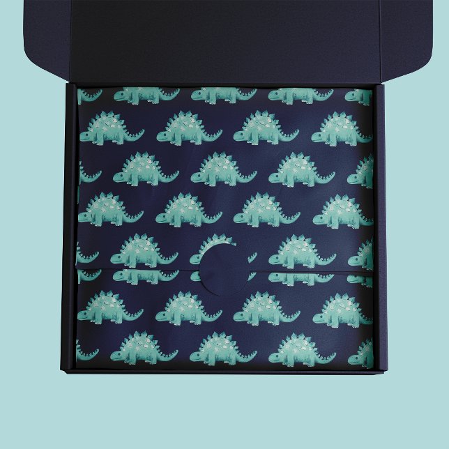 Papel De Seda Aniversário Infantil Dinossauro Stegosaurus (Kids dinosaur pattern tissue paper on dark navy blue background)